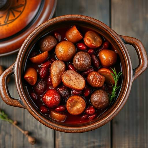 Fabada asturiana humeante en un plato de barro con chorizo y morcilla
