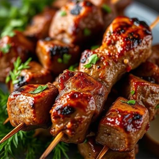 Pinchos morunos con especias y hierbas arom&aacute;ticas, servidos en una brocheta