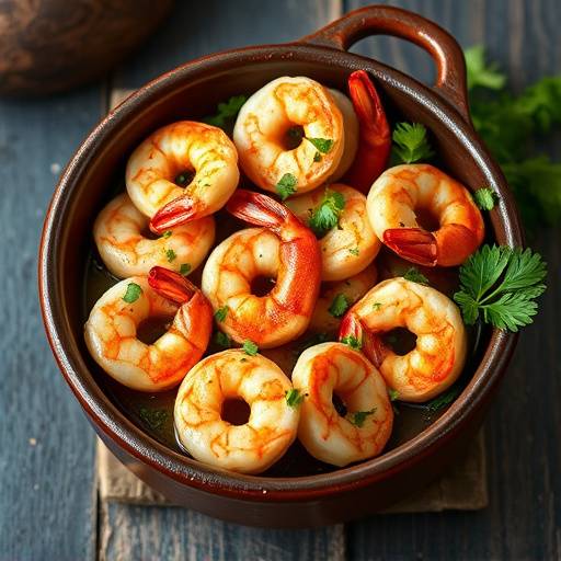 Plato de gambas al ajillo humeantes servidas en una cazuela de barro con perejil fresco picado