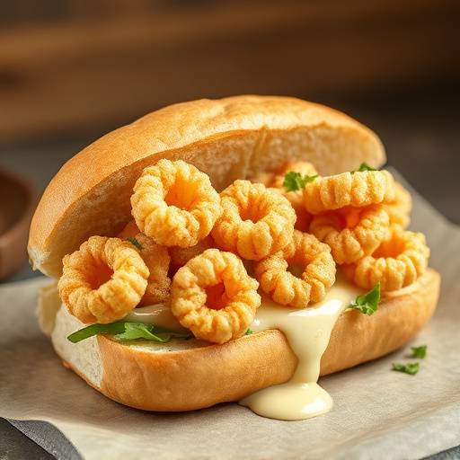 Un bocadillo de calamares crujiente servido en panecillo con mayonesa de ajo