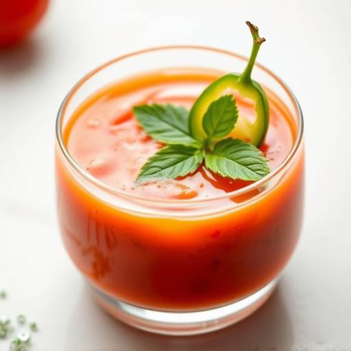 Un vaso de gazpacho andaluz adornado con trozos de pepino, tomate y pimiento verde